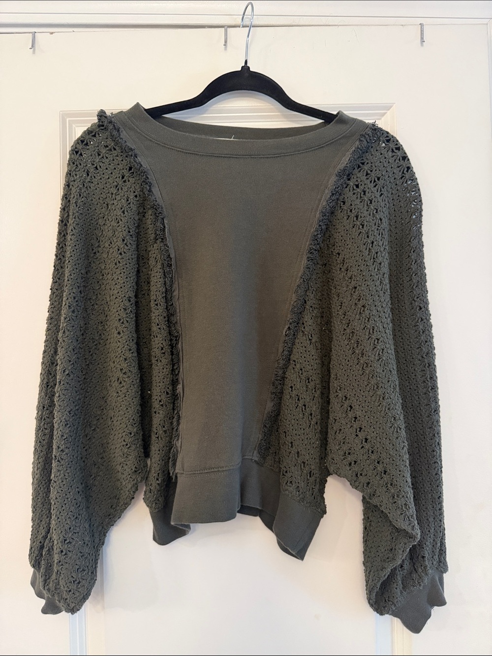 Olive Green Crochet-Sleeve Women's Sweater
